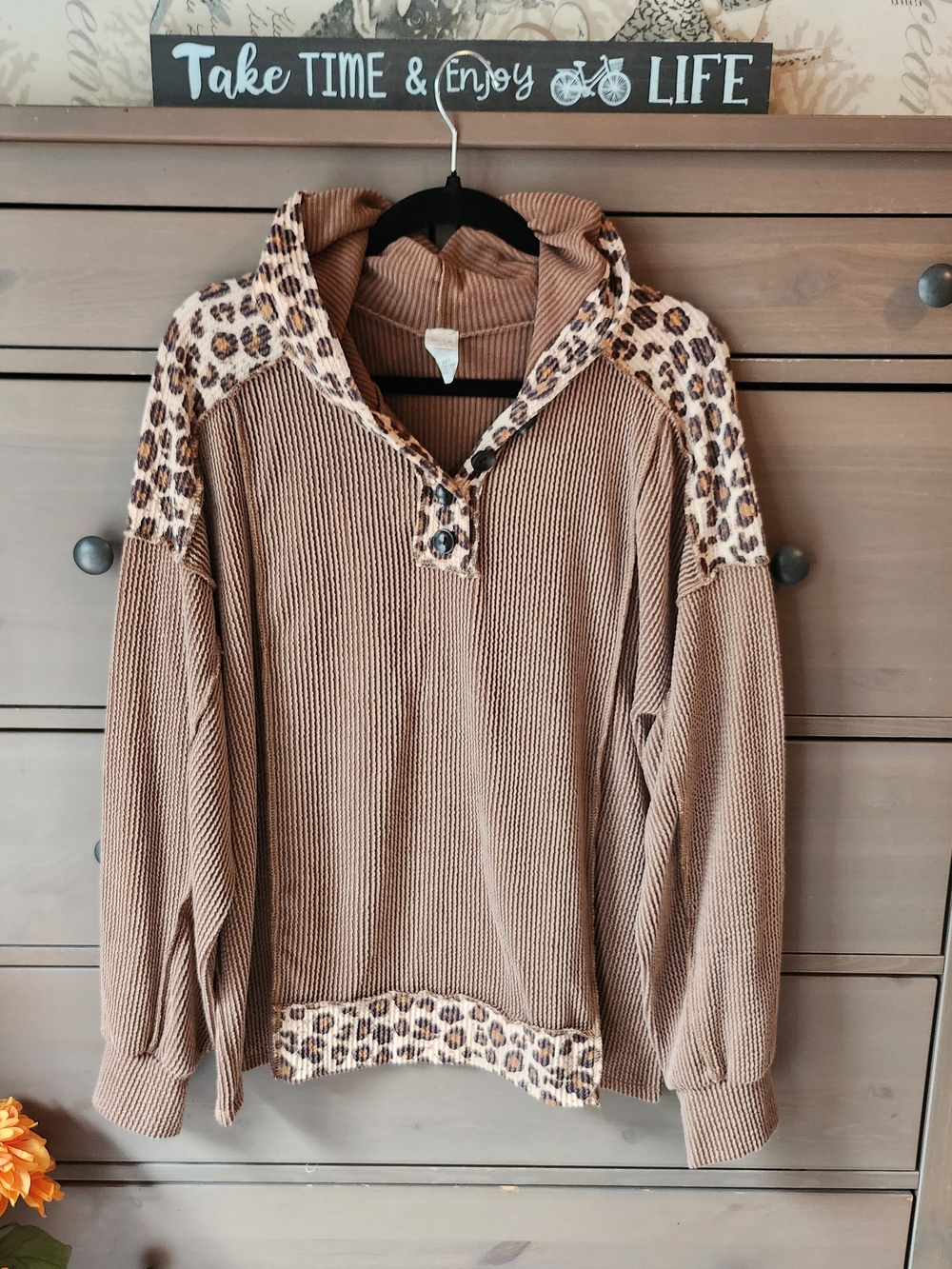 Cozy Leopard Trim Waffle-Knit Pullover Hoodie - Brown By 7th Ray